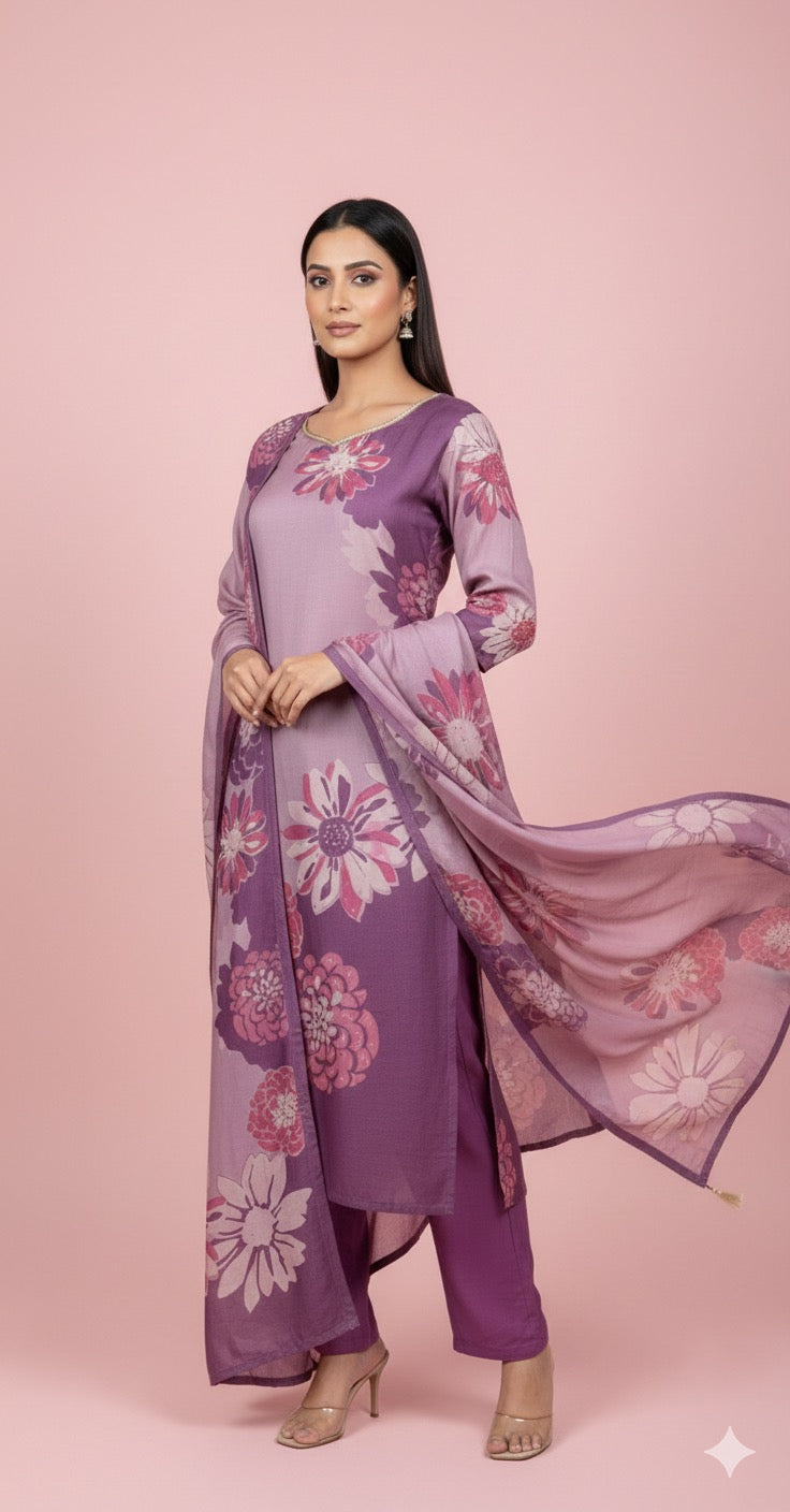 Lavender Bloom Printed 3 Piece Kurta Set