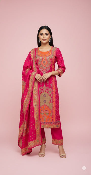 Royal Rani Pink Ethnic Kurta Pant Dupatta Set