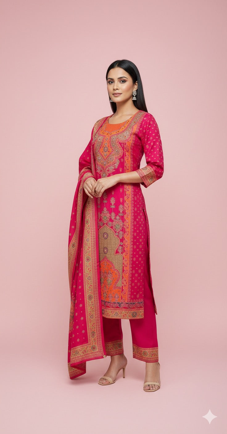 Royal Rani Pink Ethnic Kurta Pant Dupatta Set
