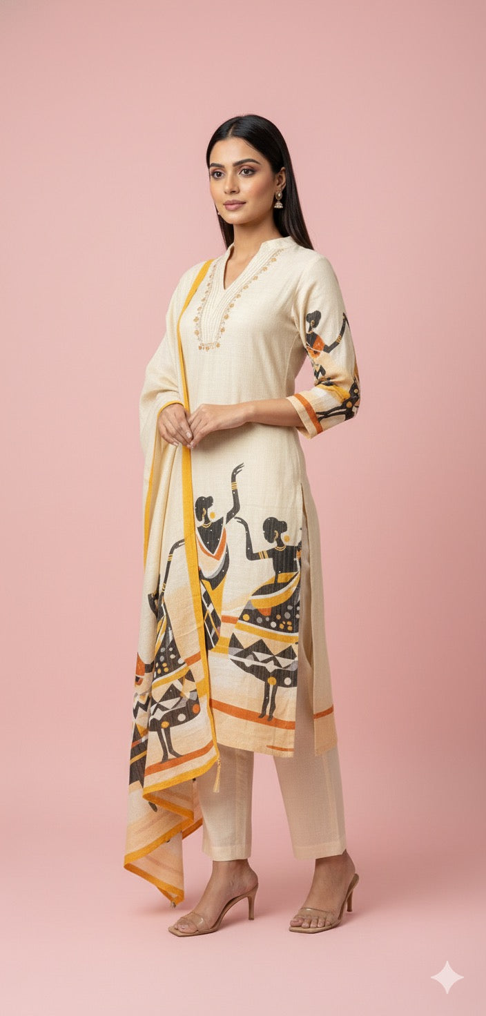 Royal Ivory Printed 3 Piece Suit Set