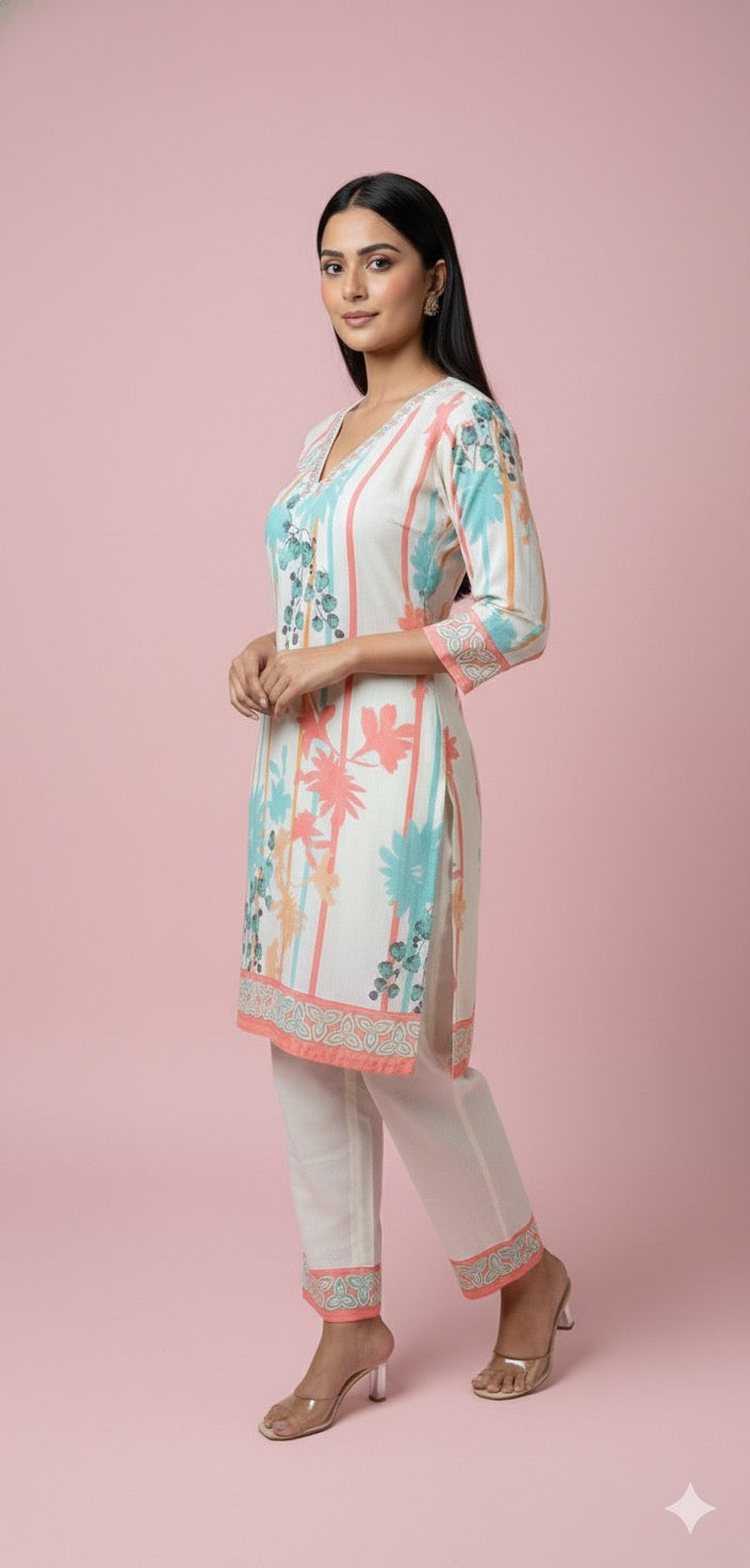 Mint Blossom Printed Kurta Pant Set