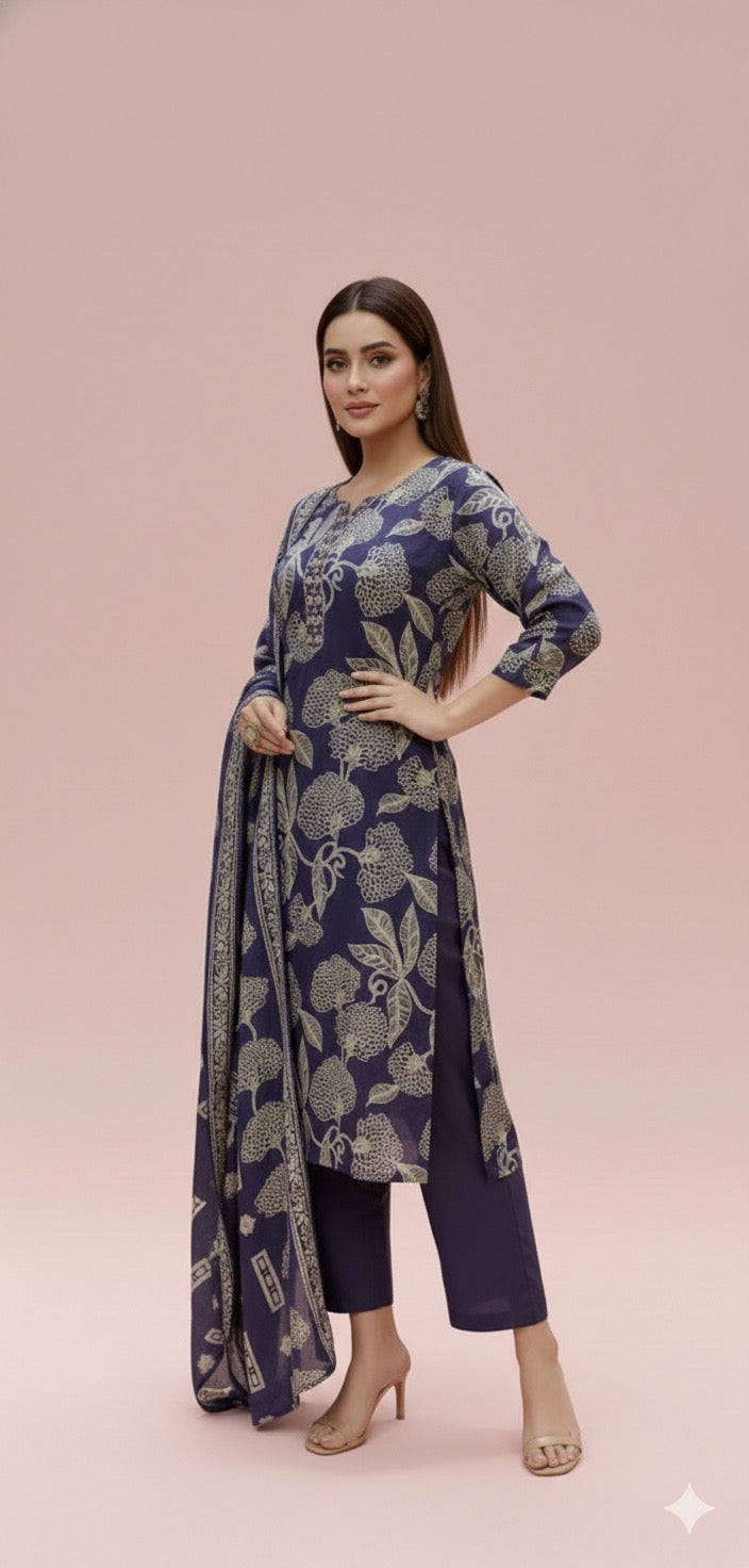 Midnight Bloom Printed 3 Piece Kurta Set